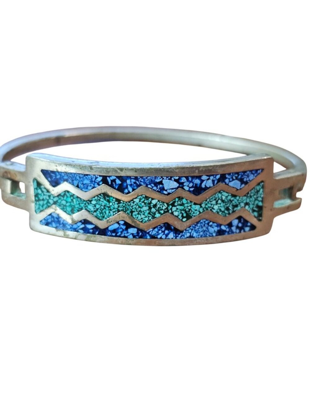 Vintage Alpaca Mexico Blue Green Stone Inlay Cuff Bracelet Southwestern Hinged
